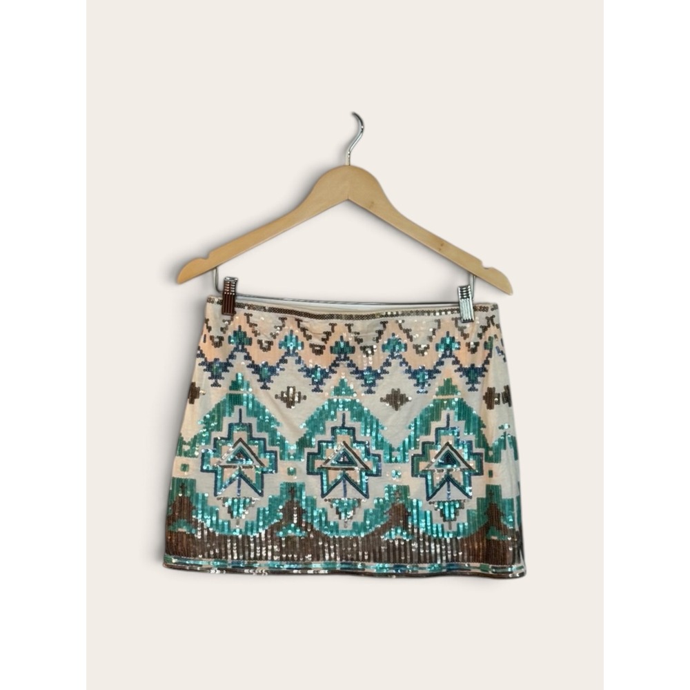 By Together You & I Sequin Geometric Mini Skirt Turquoise Bronze Large